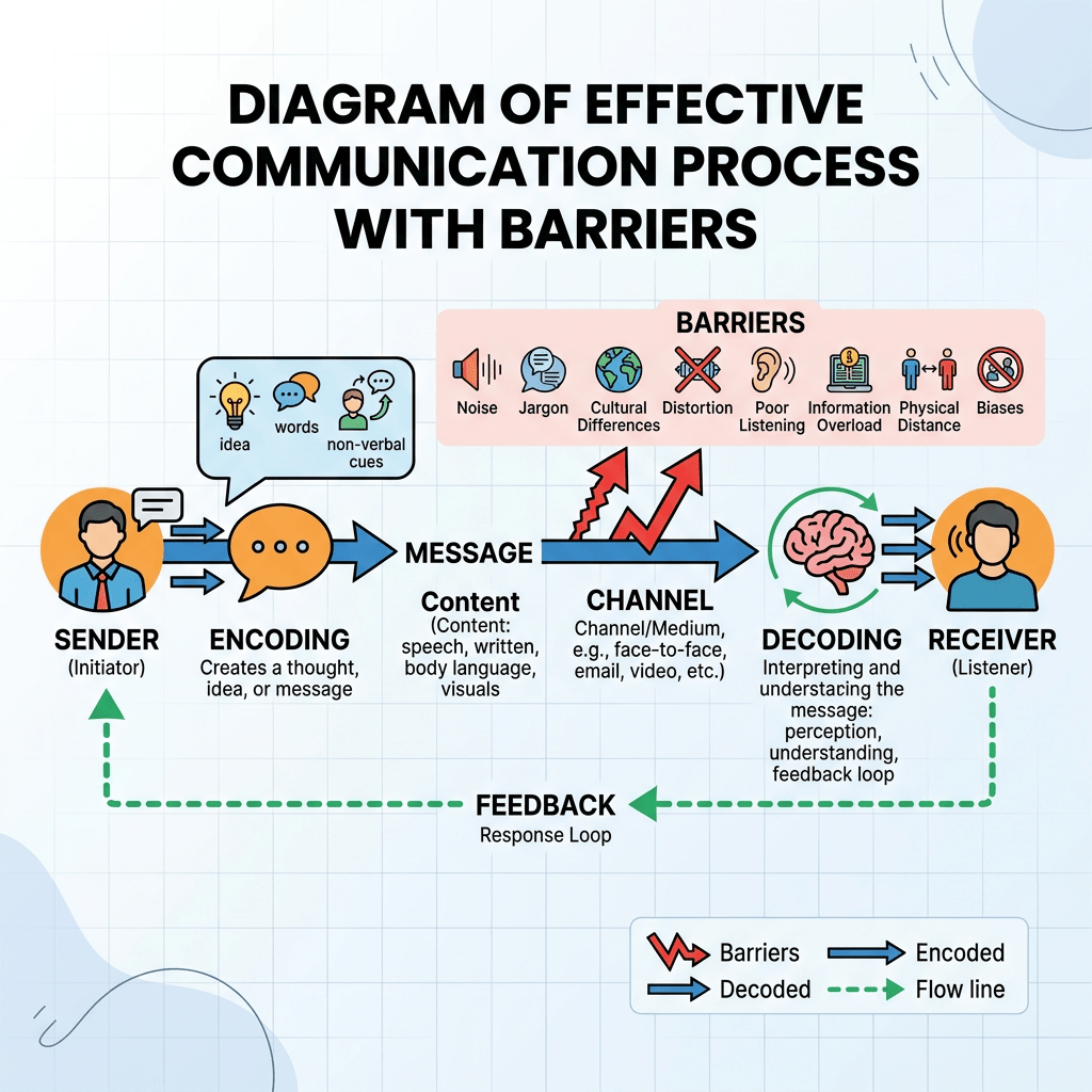 Flowchart showing communication process from sender to receiver with encoding, message, channel, decoding stages, barriers like noise and bias, and feedback loop.