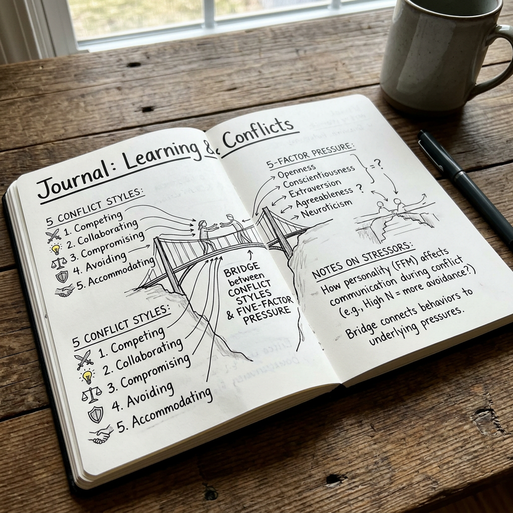 Open journal pages listing 5 conflict styles and 5-factor personality pressures with bridge diagram