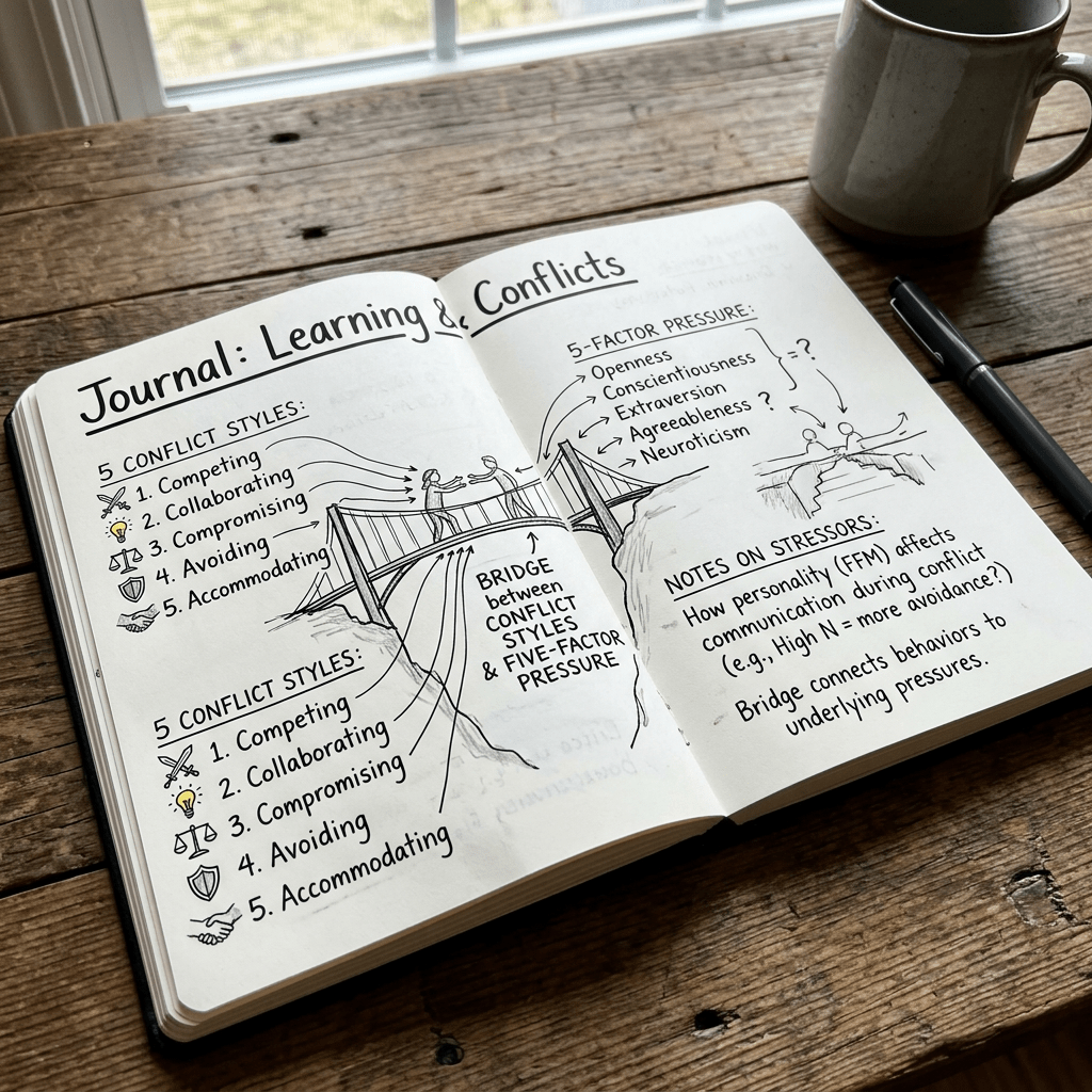 Open journal pages listing 5 conflict styles and 5-factor personality pressures with bridge diagram