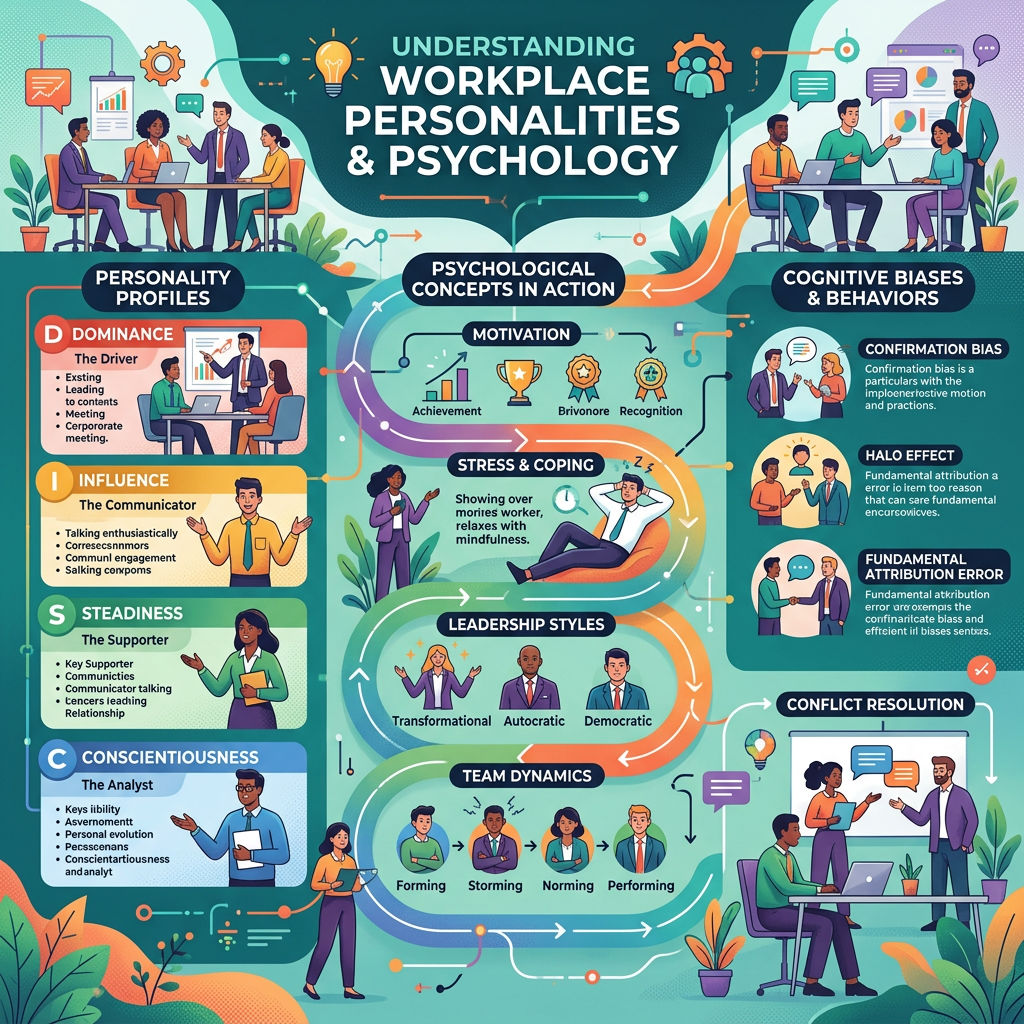 Diagram showing workplace personality profiles, motivation, stress coping, leadership styles, cognitive biases, and conflict resolution.