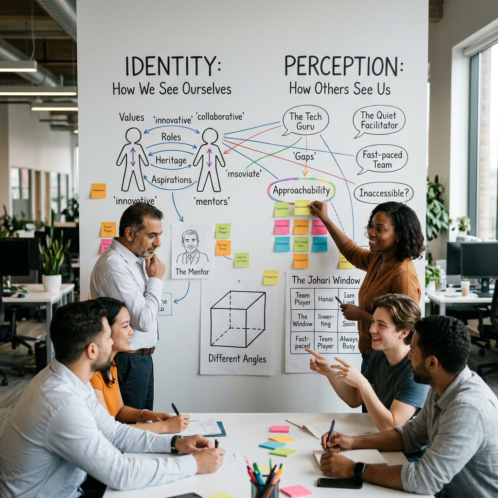 Five people discussing identity and perception concepts on a whiteboard in an office