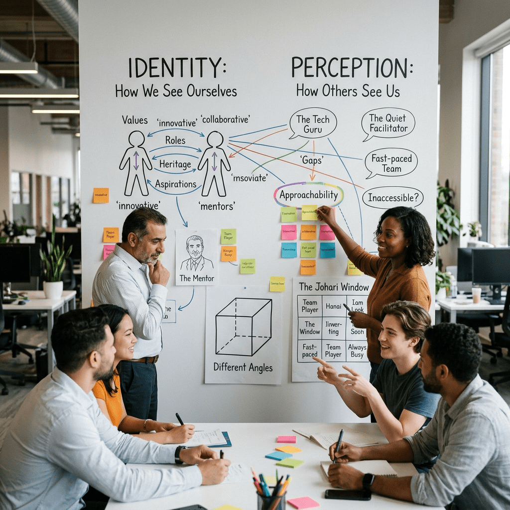 Five people discussing identity and perception concepts on a whiteboard in an office