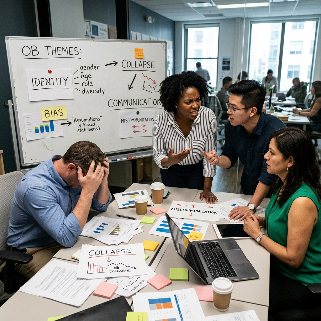Four coworkers in a meeting arguing over organizational behavior themes like communication and bias