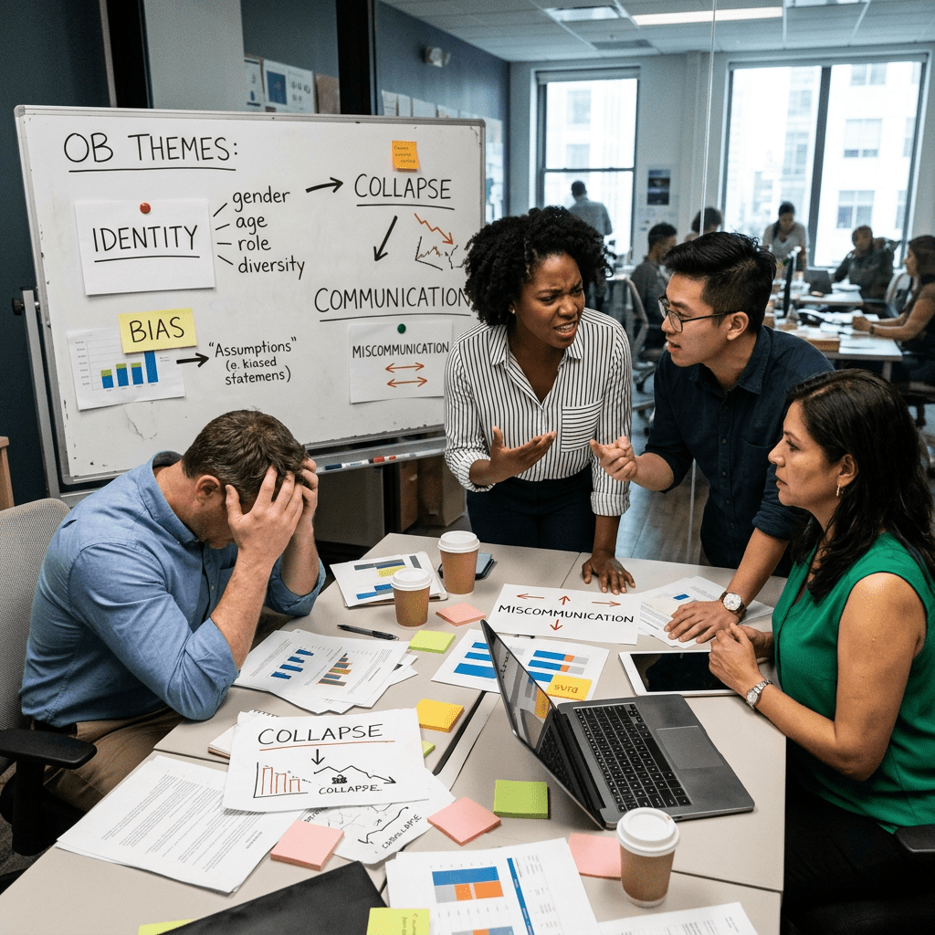 Four coworkers in a meeting arguing over organizational behavior themes like communication and bias