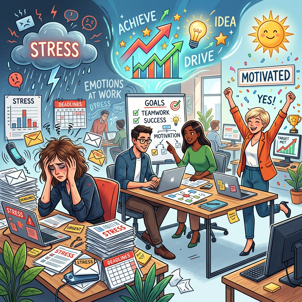 Office scene showing stressed employee overwhelmed with deadlines and a motivated team achieving goals