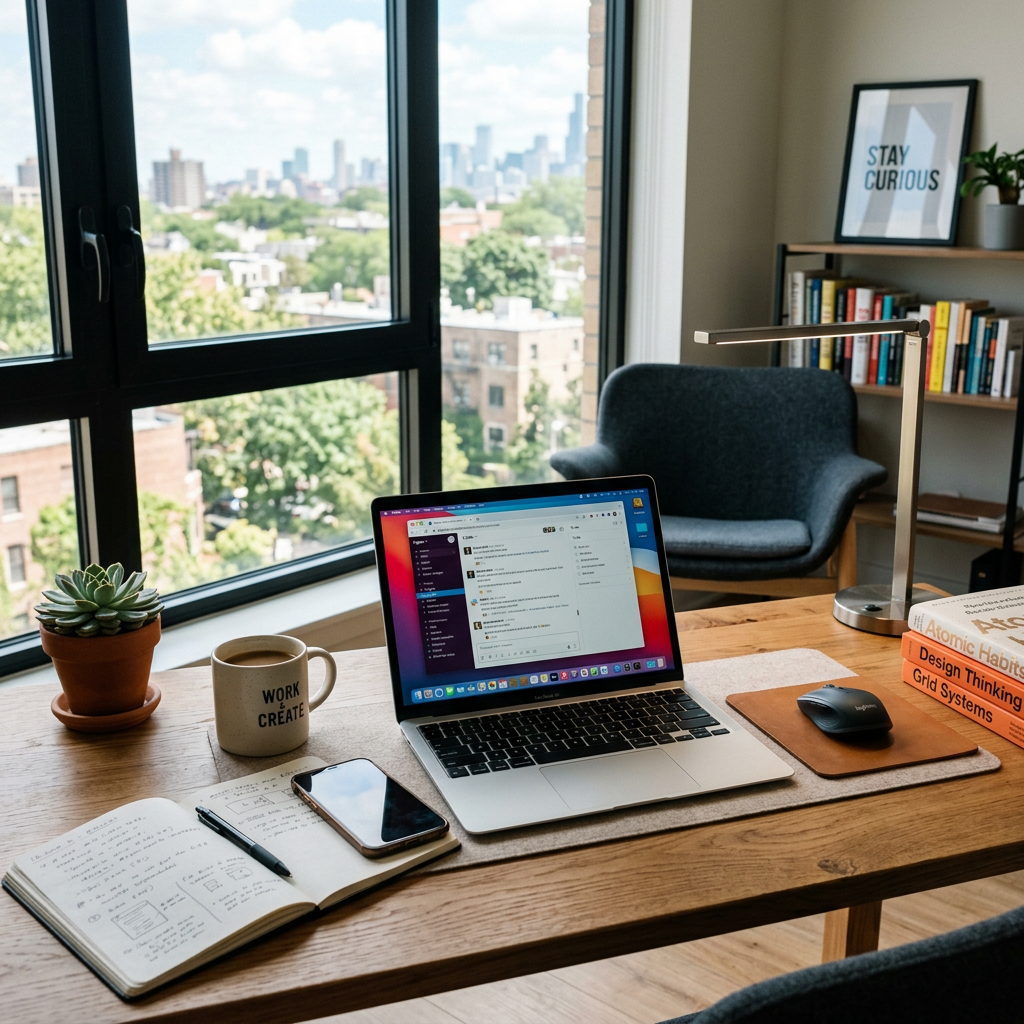 Home office desk with laptop, notebook, coffee mug, and city view through large windows