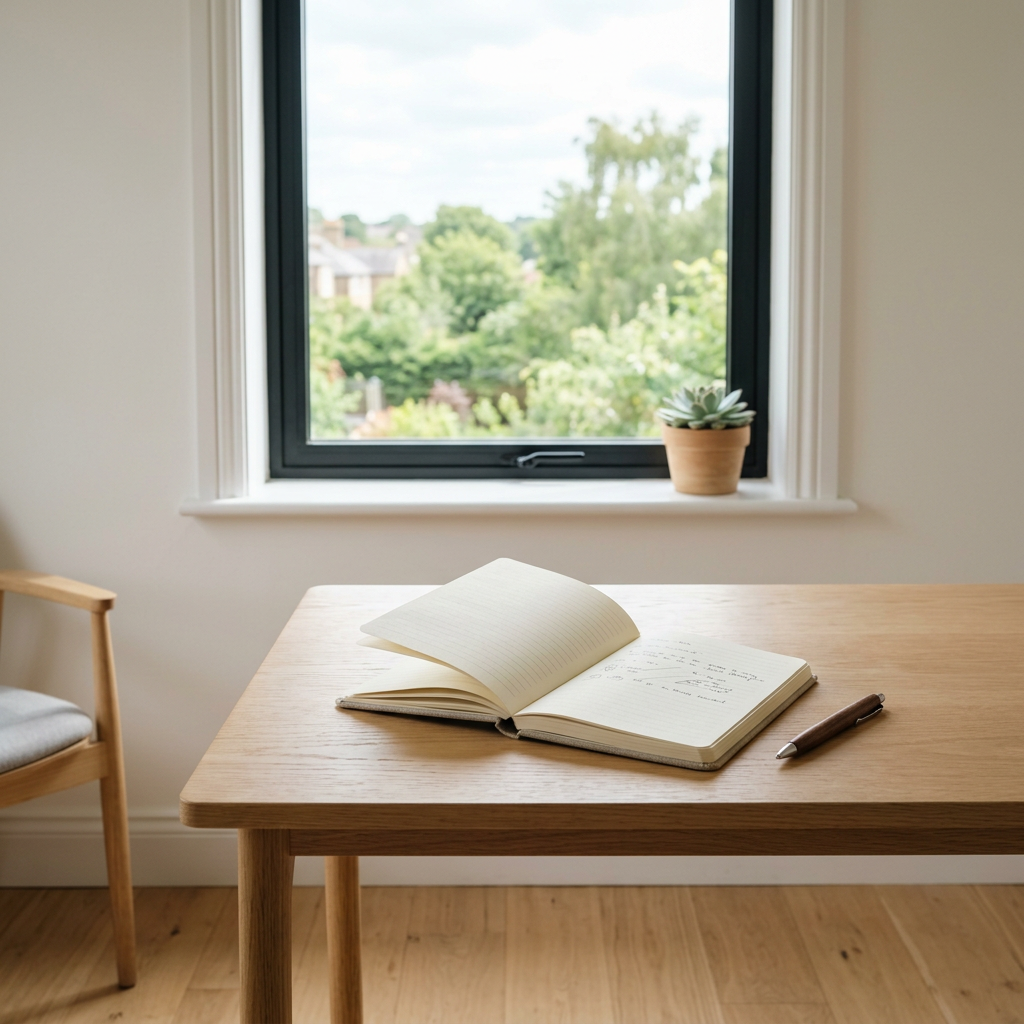 Open notebook with writing and a pen on a wooden desk by a window overlooking green trees