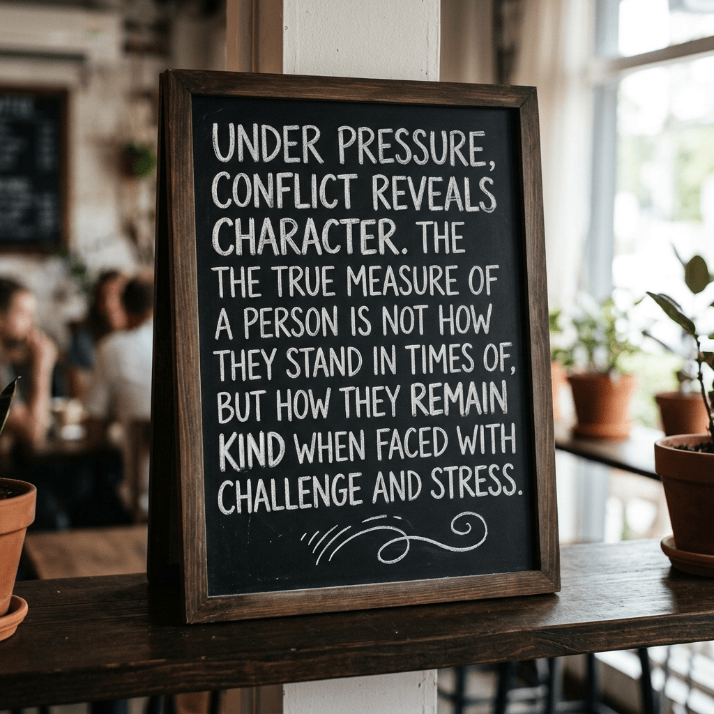 Chalkboard with quote about character and kindness during challenges