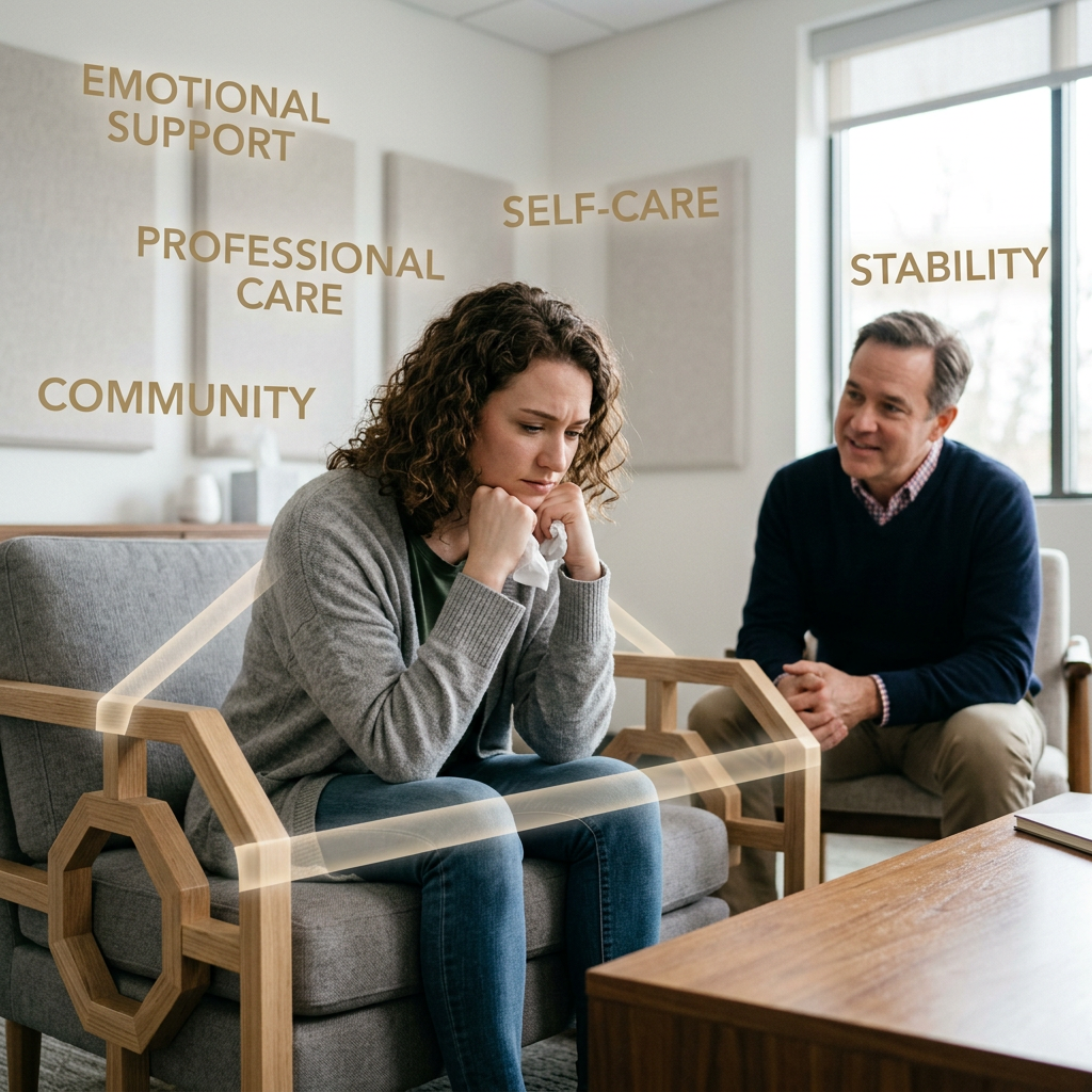 A woman sitting on a couch looking distressed during a counseling session with words emotional support, professional care, community, self-care, and stability around her