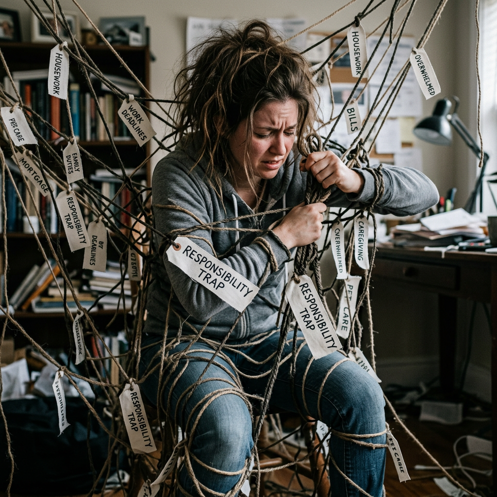 A woman sitting tangled in ropes labeled responsibility trap, work deadlines, housework, bills, caregiving, and overwhelmed.