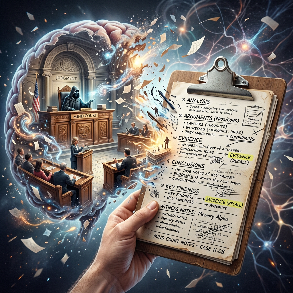 Mind courtroom transforming into clipboard with notes