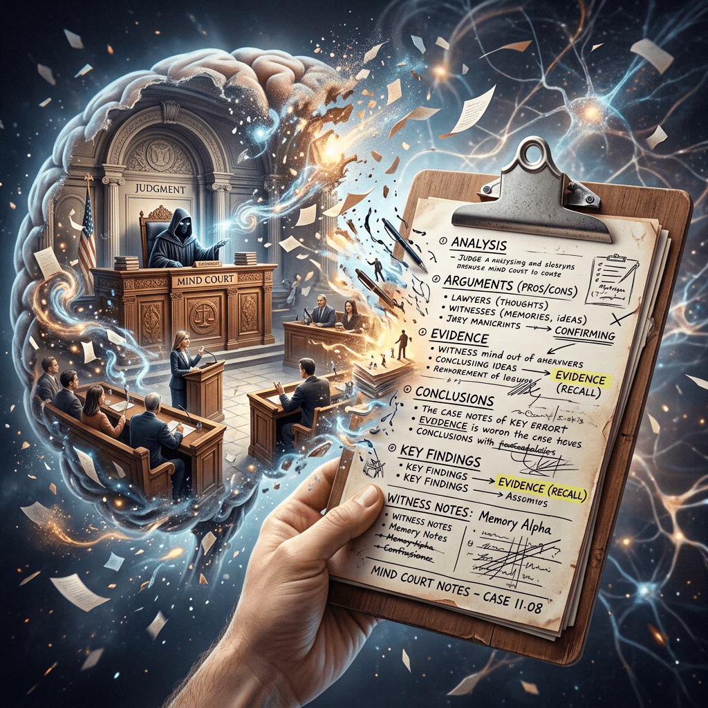 Mind courtroom transforming into clipboard with notes