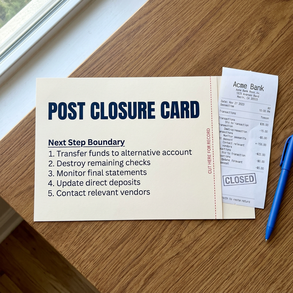 Post closure card with receipt next step boundary