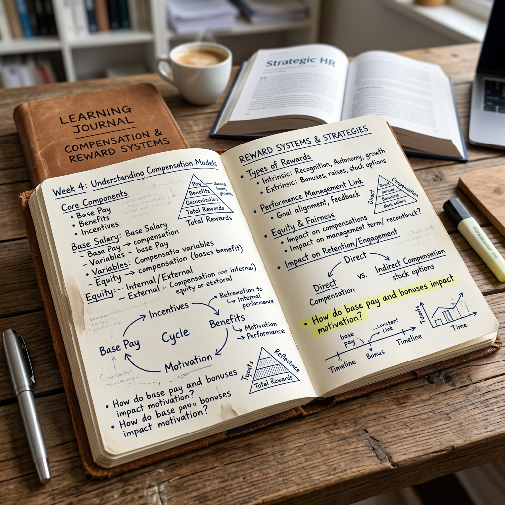 Open notebook with handwritten notes on compensation models, reward systems, motivation cycles, and performance management.