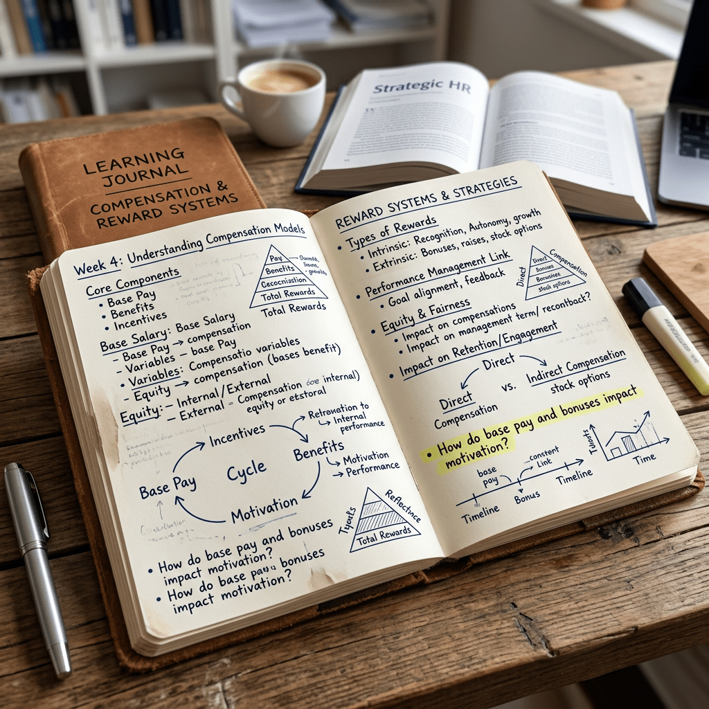 Open notebook with handwritten notes on compensation models, reward systems, motivation cycles, and performance management.