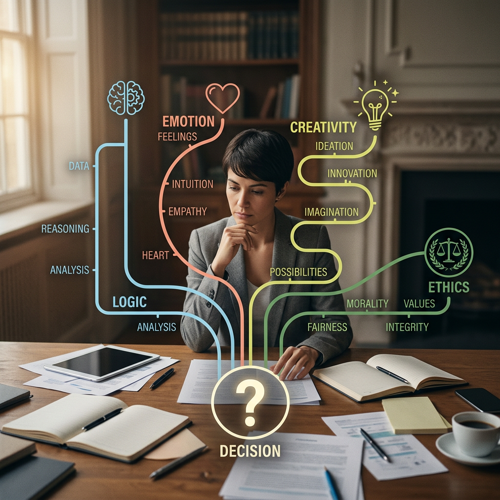 Woman thinking with decision-making concepts like logic, emotion, creativity, and ethics