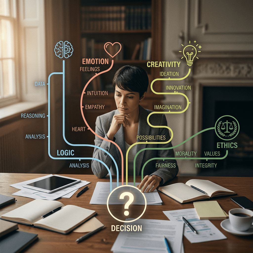 Woman thinking with decision-making concepts like logic, emotion, creativity, and ethics