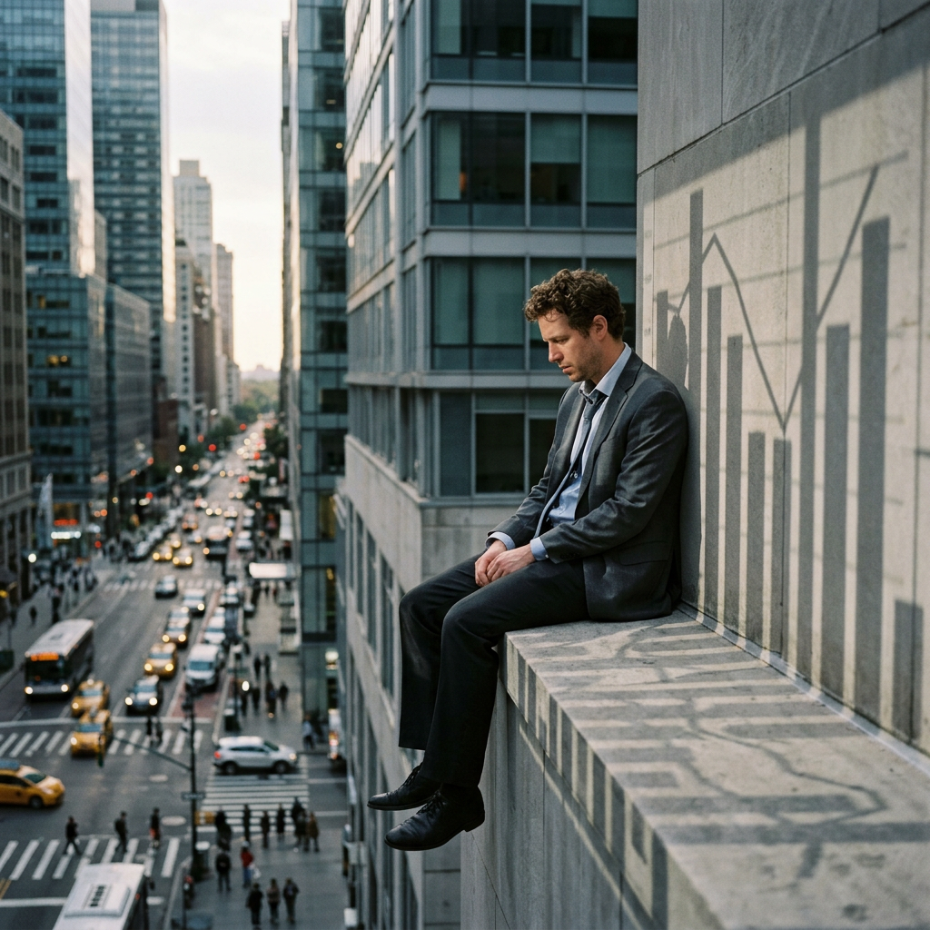 Man in suit sitting on ledge of tall building looking down thoughtfully
