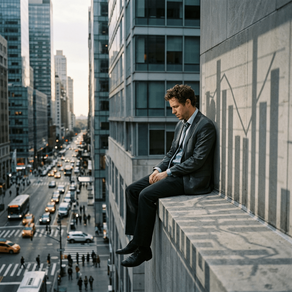 Man in suit sitting on ledge of tall building looking down thoughtfully