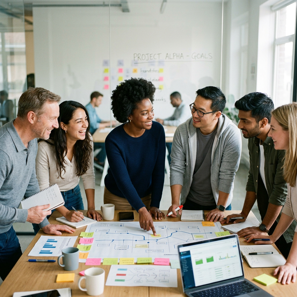 Group of diverse colleagues discussing project plans over charts and sticky notes