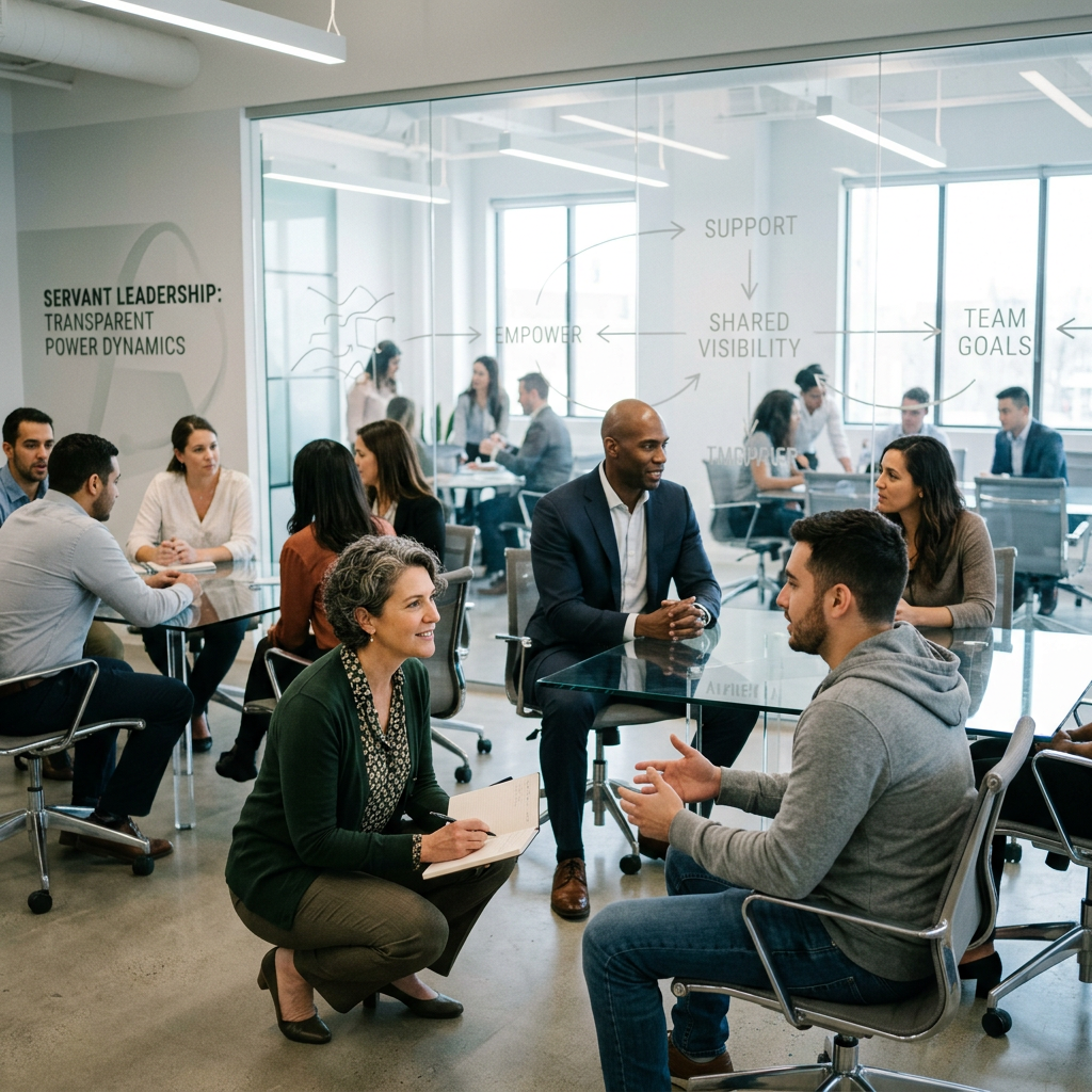 Professionals in small groups discussing leadership and team goals in a glass-walled office