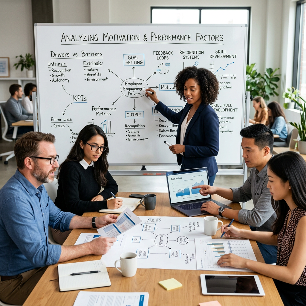 Team analyzing employee motivation and performance factors with charts and notes