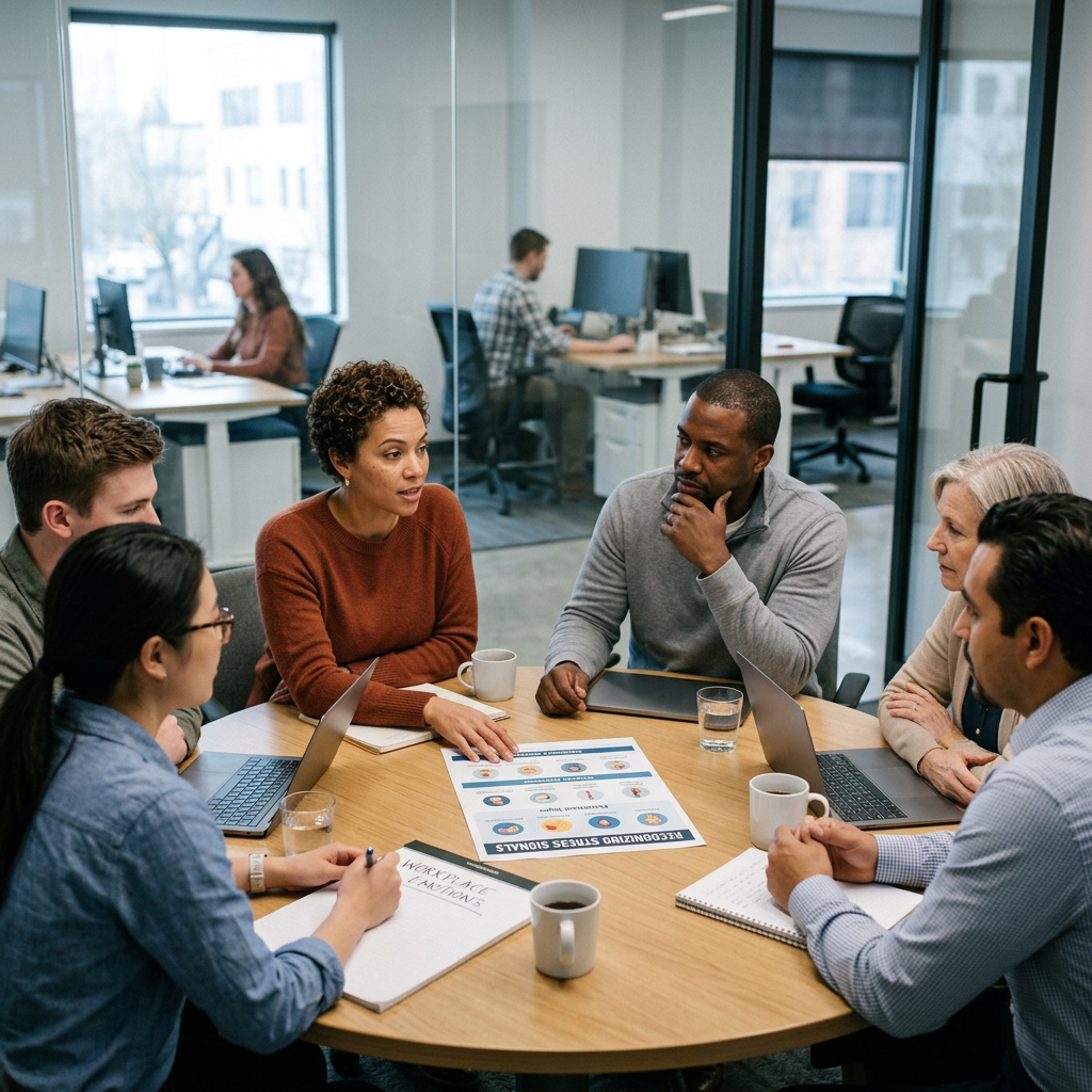 Six coworkers sitting around a round table discussing a poster on recognizing stress signals.