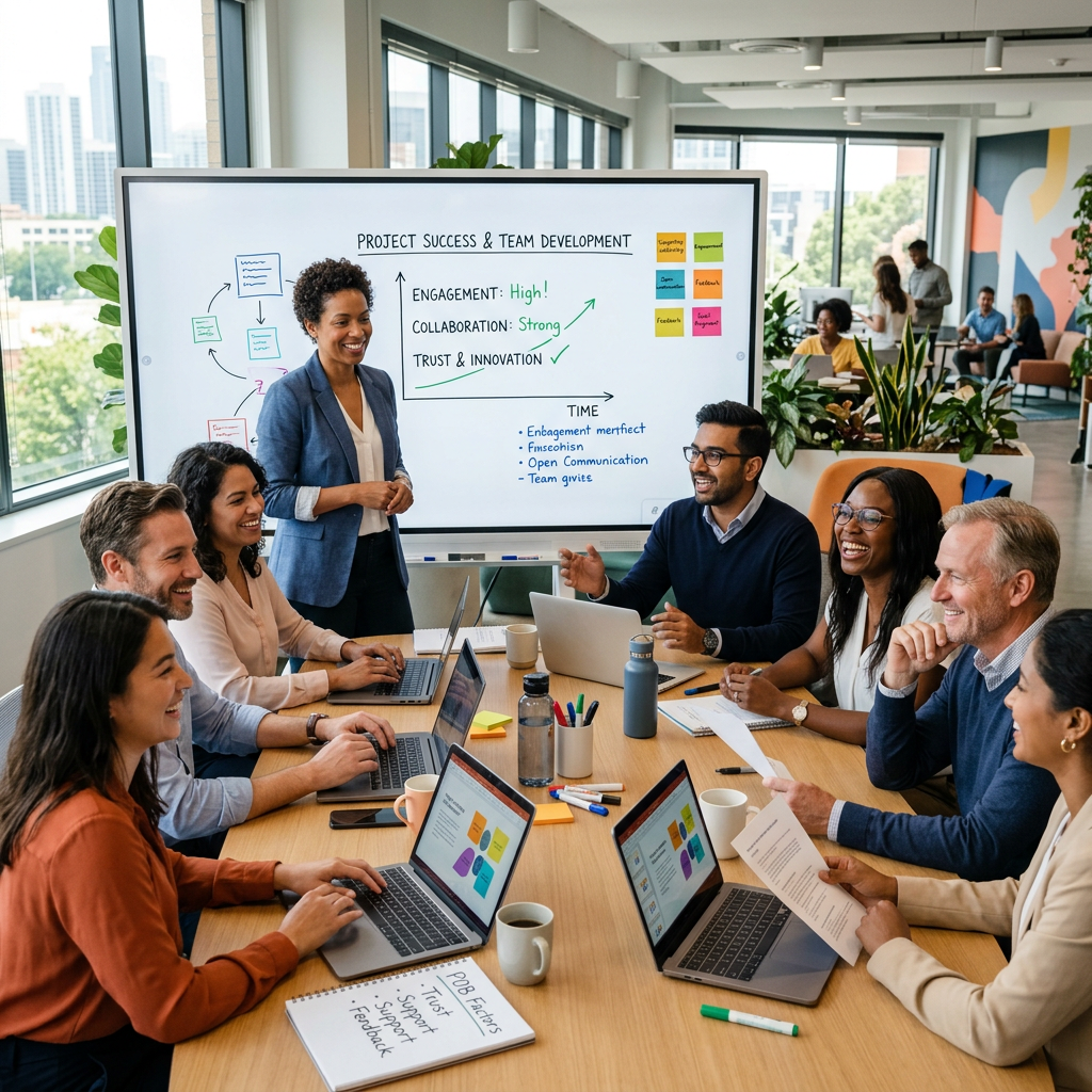 Diverse group in office meeting discussing project success and team development