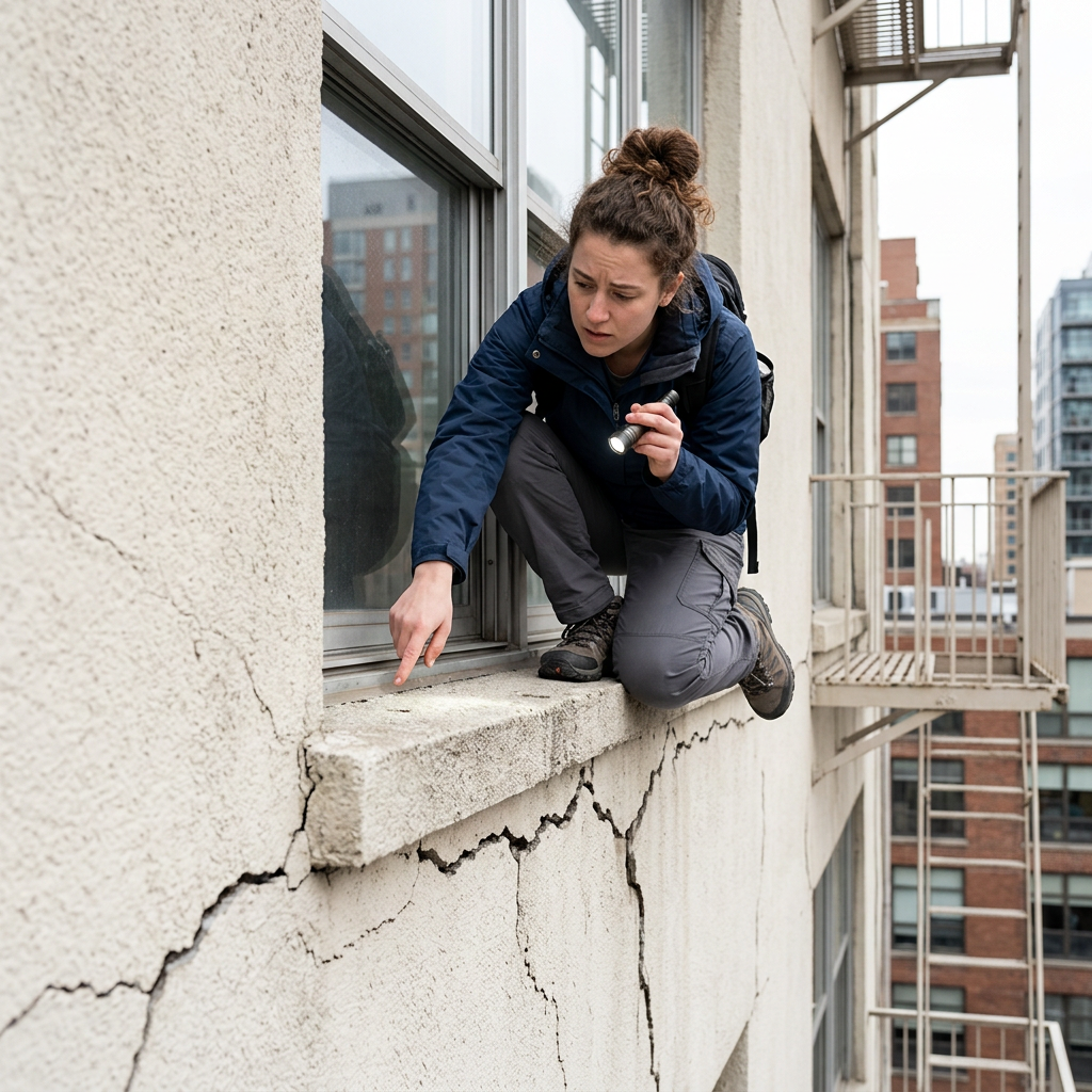 Person on ledge revealing structural cracks below