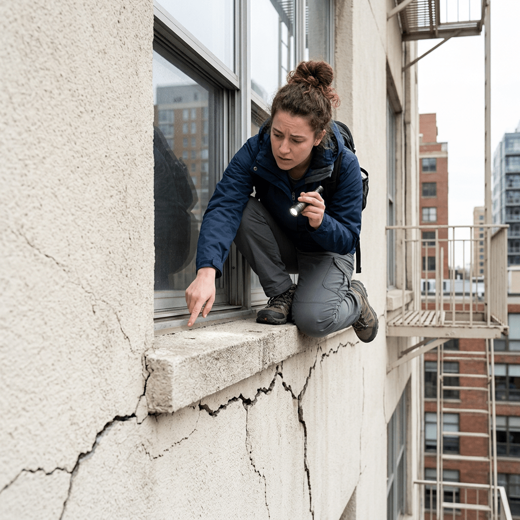 Person on ledge revealing structural cracks below