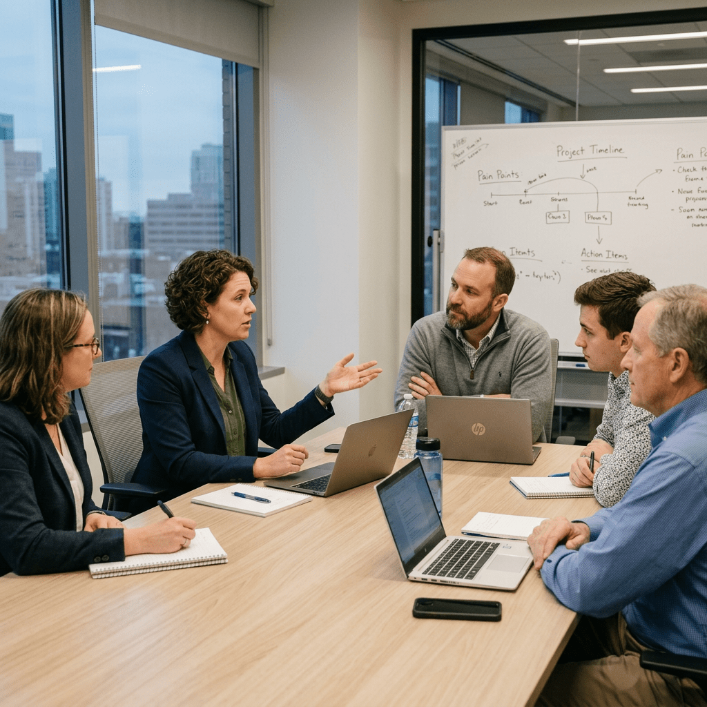 Five people in a meeting room discussing a project timeline on a whiteboard