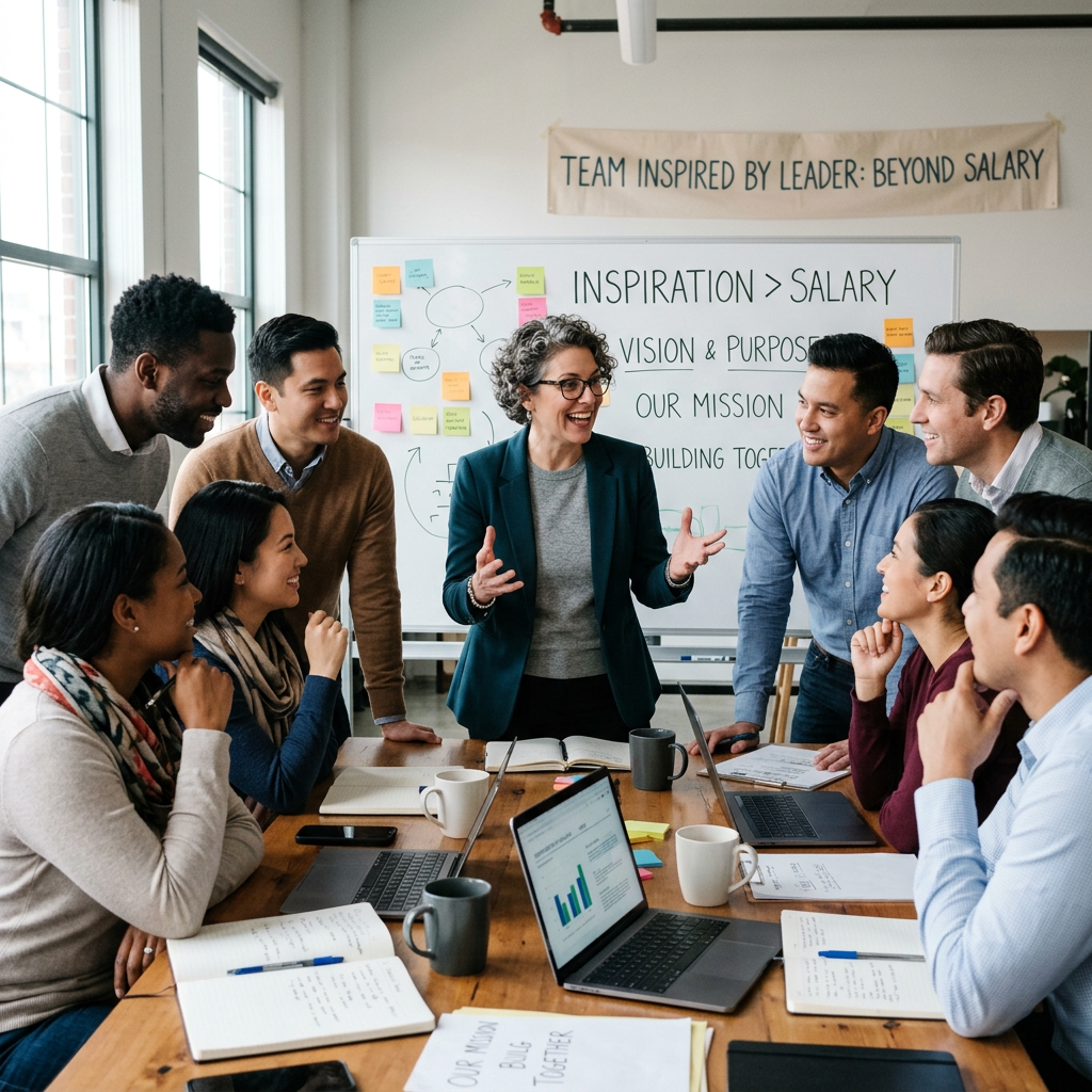 Diverse group of colleagues engaged in a team meeting focused on inspiration and purpose