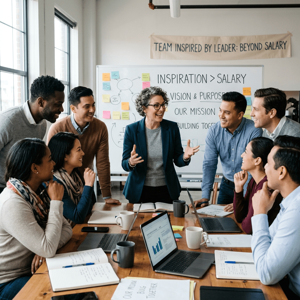 Diverse group of colleagues engaged in a team meeting focused on inspiration and purpose