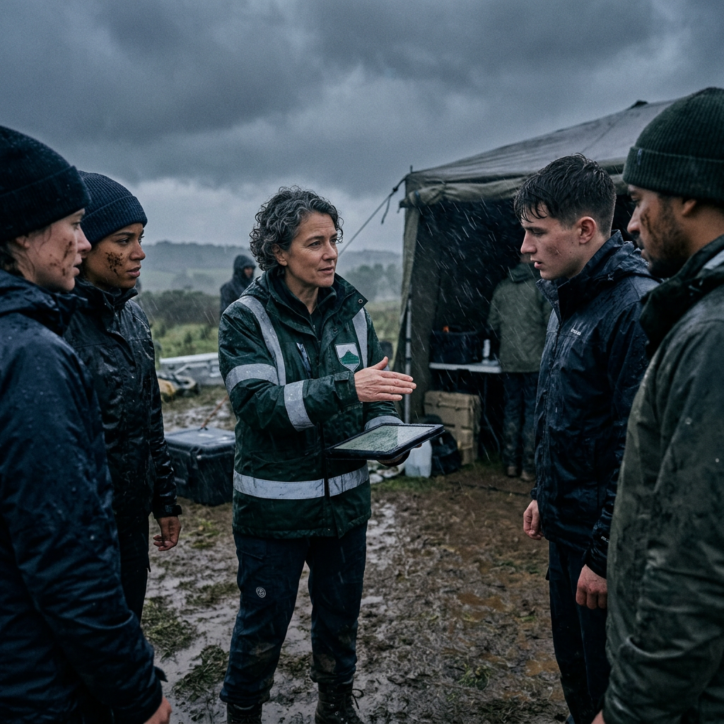 A group of people in rain gear receiving instructions outside a tent in muddy terrain