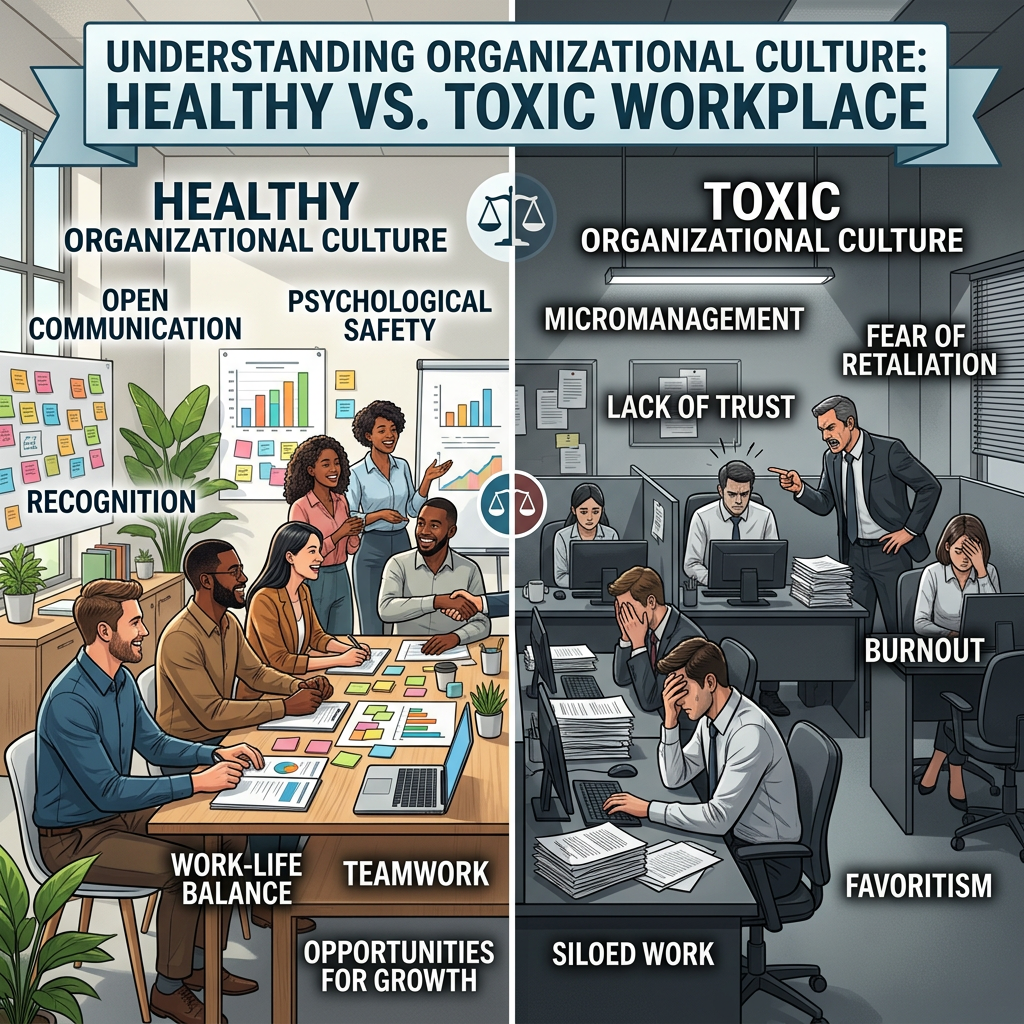 Healthy organizational culture with teamwork and open communication versus toxic organizational culture with micromanagement and burnout.