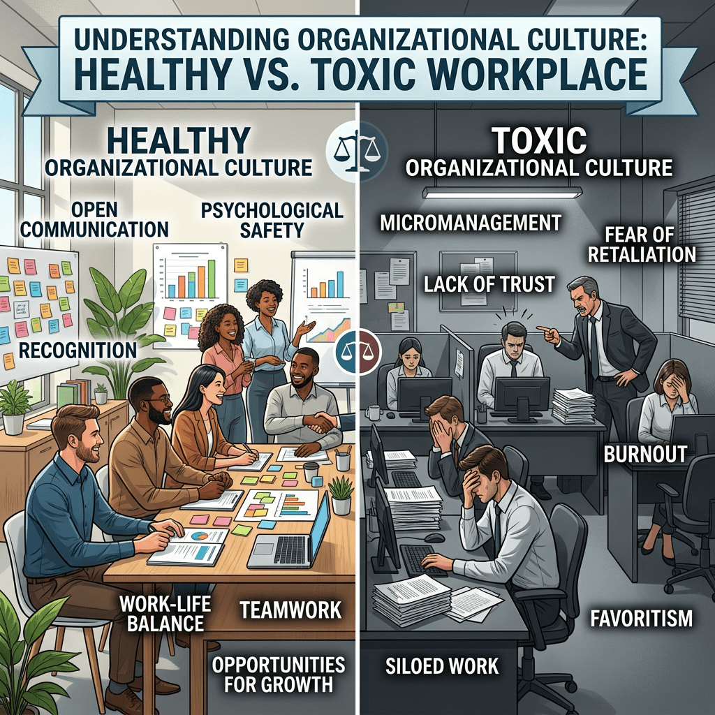 Healthy organizational culture with teamwork and open communication versus toxic organizational culture with micromanagement and burnout.