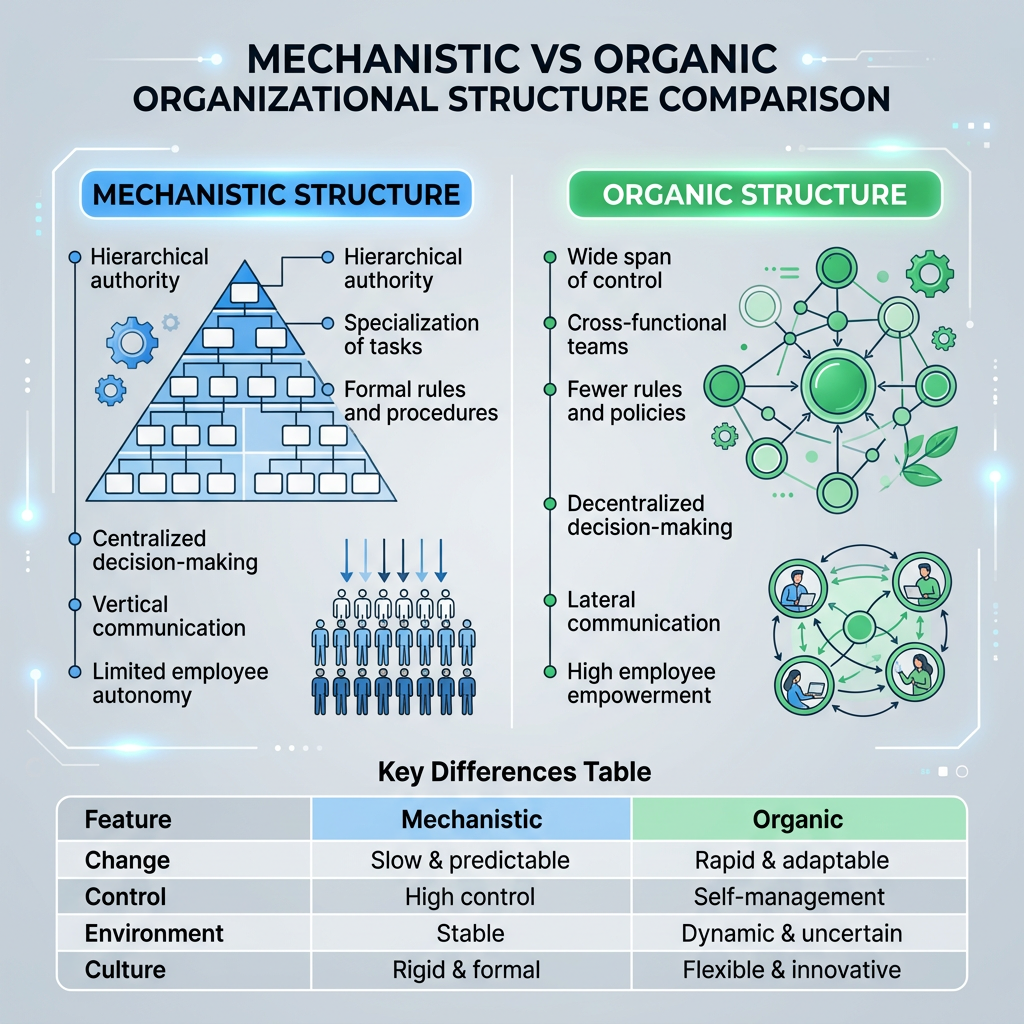 Comparison chart showing mechanistic structure with hierarchy and centralized control versus organic structure with decentralized decision-making and teamwork