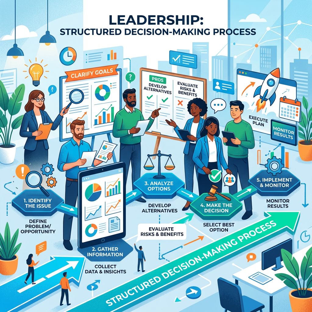 Team following structured leadership decision-making steps from identifying issues to implementation