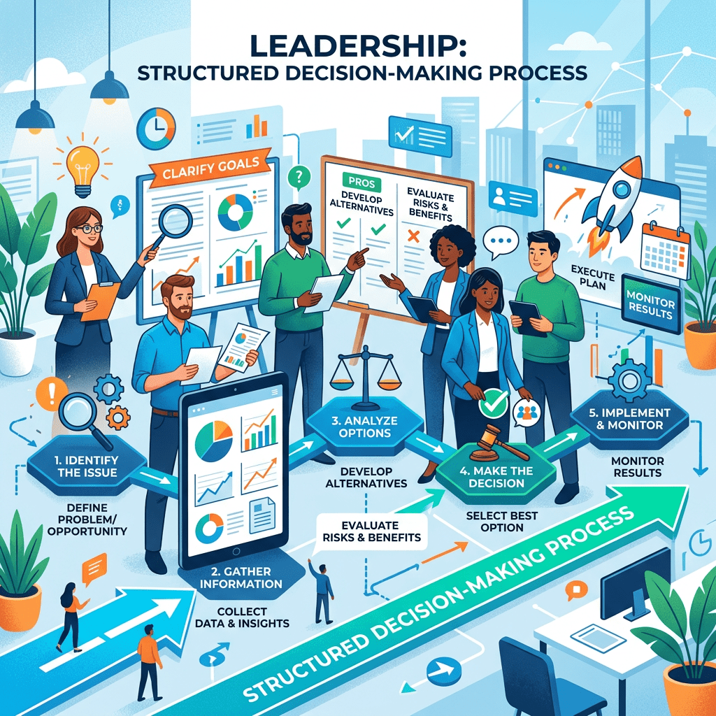 Team following structured leadership decision-making steps from identifying issues to implementation