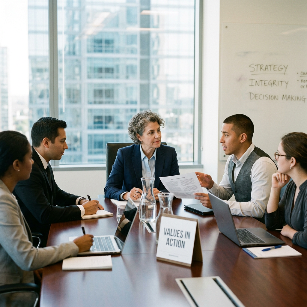 Five professionals having a business meeting around a table with laptops, documents, and a sign saying 'VALUES IN ACTION'