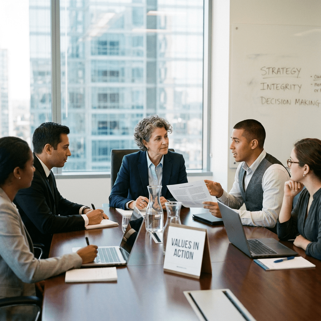 Five professionals having a business meeting around a table with laptops, documents, and a sign saying 'VALUES IN ACTION'