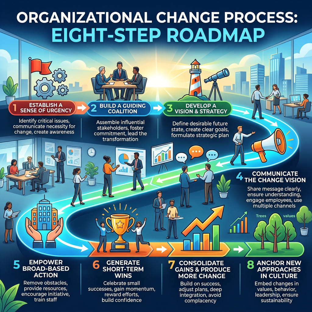 Eight-step roadmap for organizational change process with key actions and goals