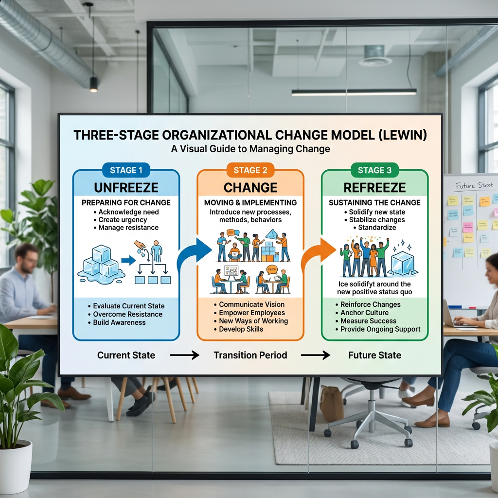Diagram showing Lewin's three-stage organizational change model with steps for unfreeze, change, and refreeze