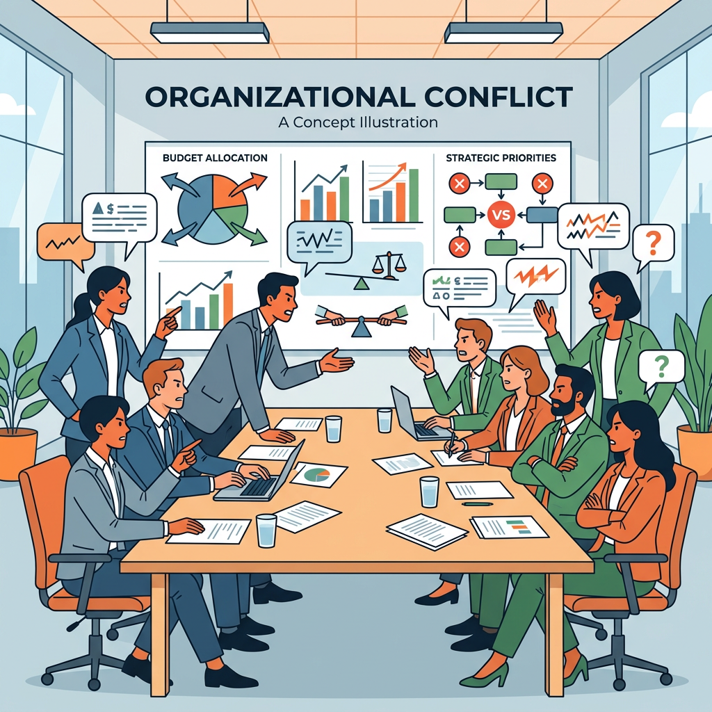 Business meeting showing disagreement over budget allocation and strategic priorities with charts and speech bubbles