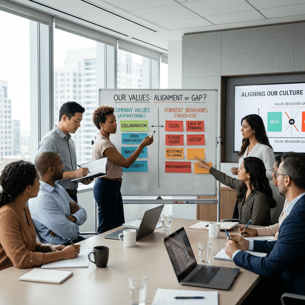 Group of professionals discussing alignment of company values and current behaviors using a whiteboard with color-coded notes