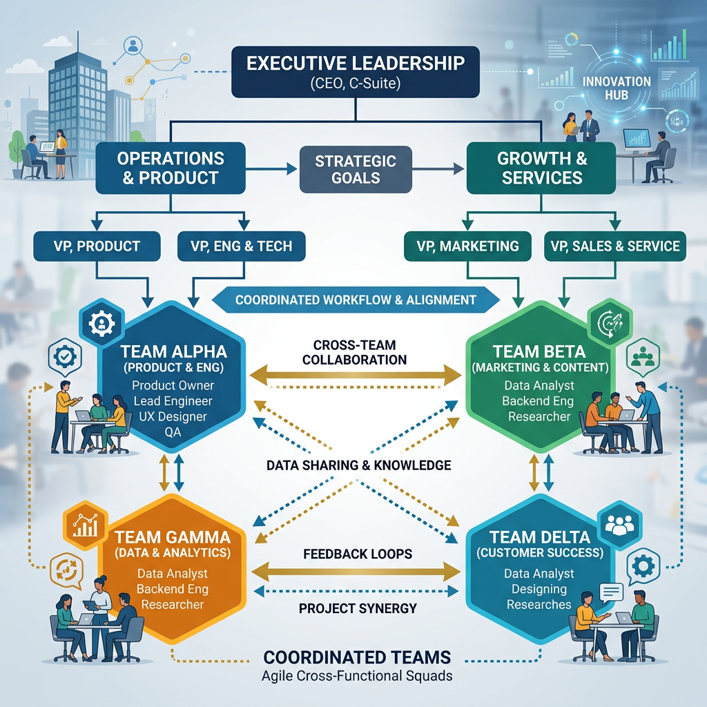 Organizational chart with executive leadership directing operations, product, growth, and services teams; showing coordination and collaboration among Team Alpha, Team Beta, Team Gamma, and Team Delta.