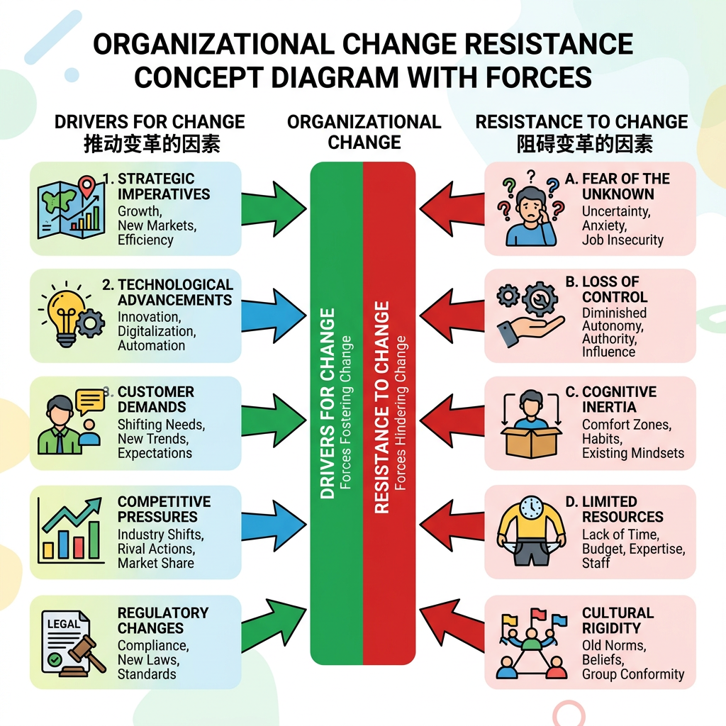 Diagram showing drivers for change and resistance to change forces impacting organizational change