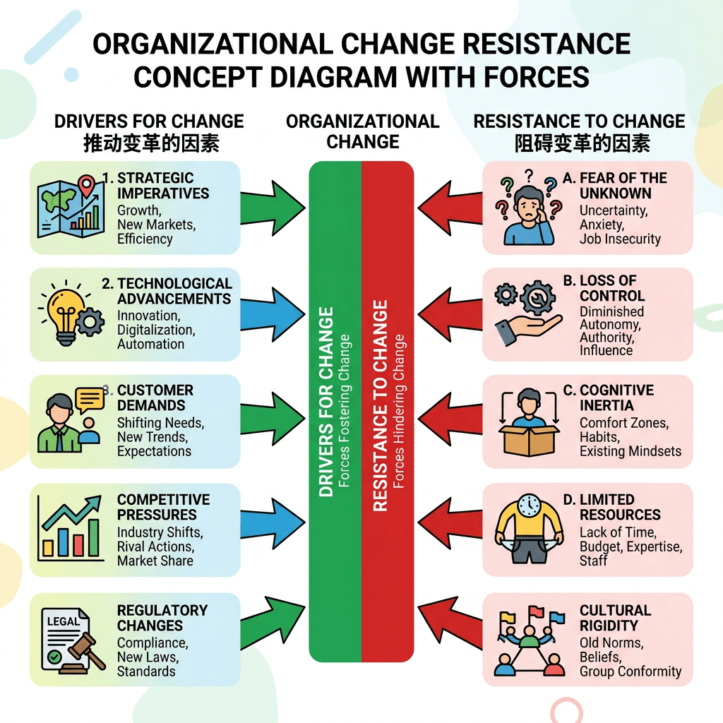 Diagram showing drivers for change and resistance to change forces impacting organizational change