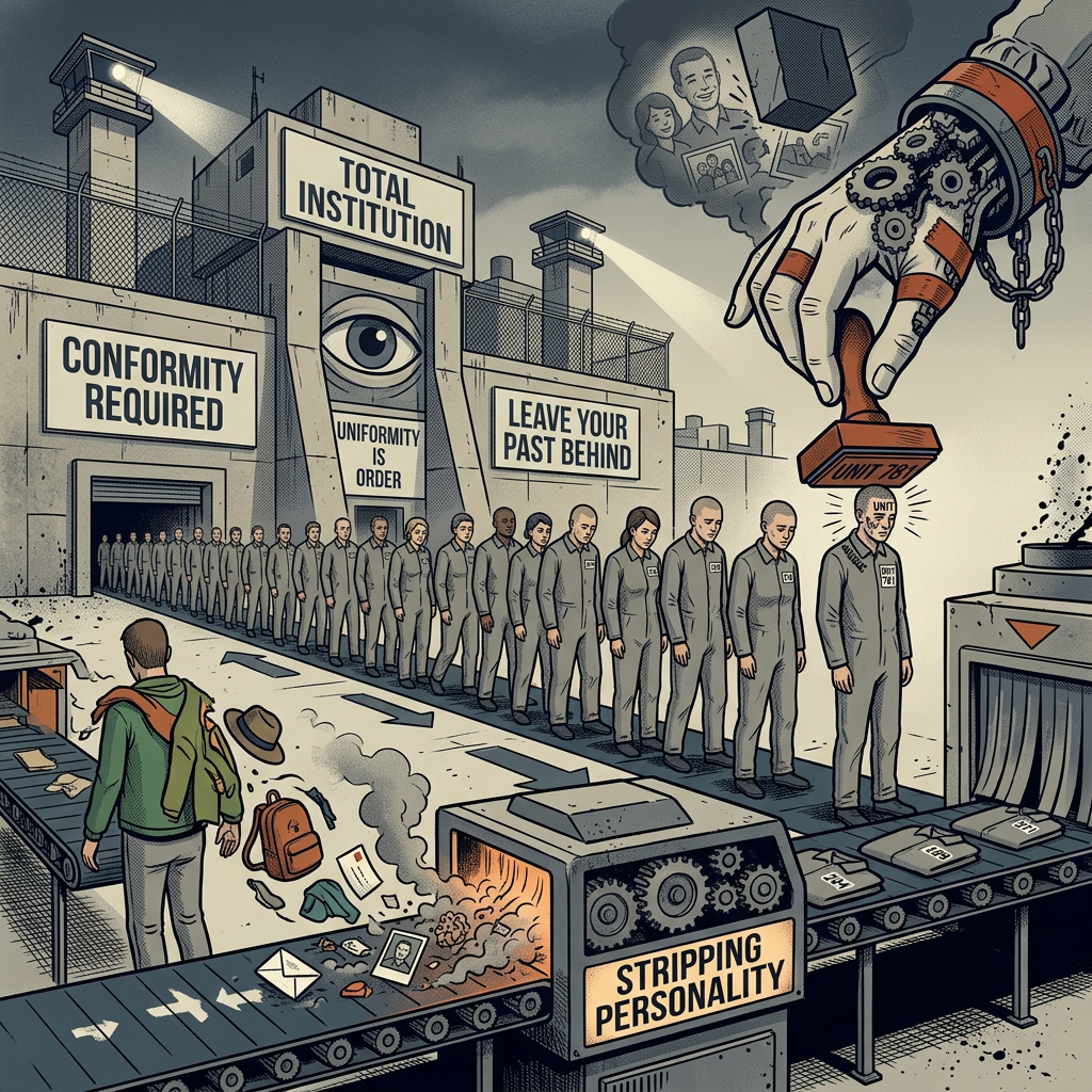 People in uniforms entering Total Institution with conveyor belt stripping personality and stamping uniform IDs