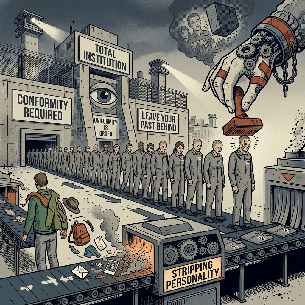 People in uniforms entering Total Institution with conveyor belt stripping personality and stamping uniform IDs